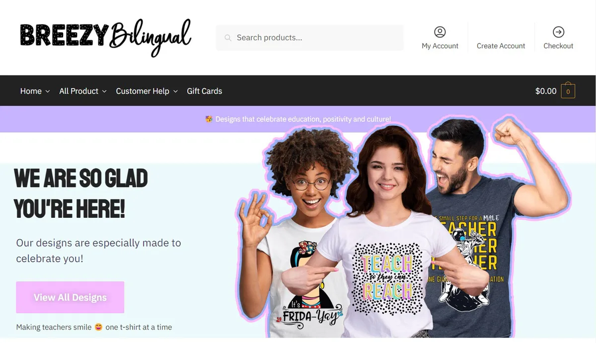 Breezy Bilingual storefront with pastel accents and educational T-shirt designs