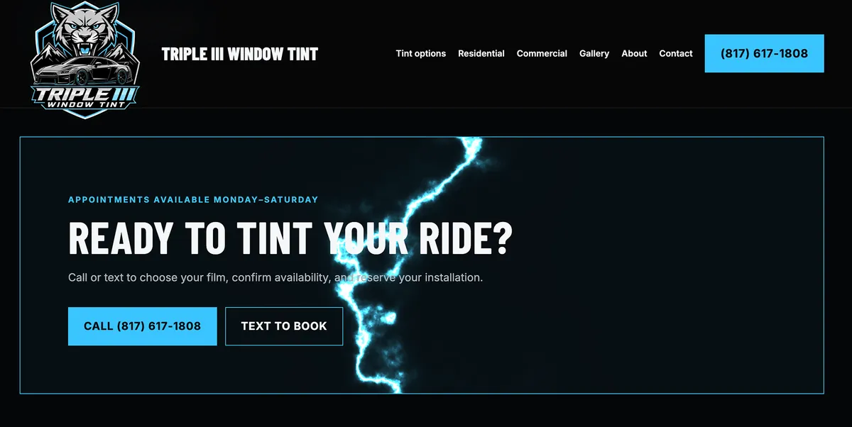 Triple III Window Tint website with cyan lightning and a booking call to action
